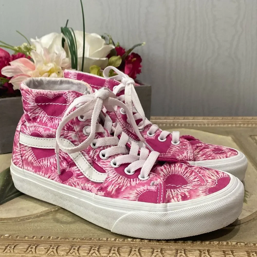 Vans Off the Wall Sk8-Hi Tapered Tie-Dye Hearts Fuchsia Pink Men 5.5 Women 7 - Picture 2 of 13